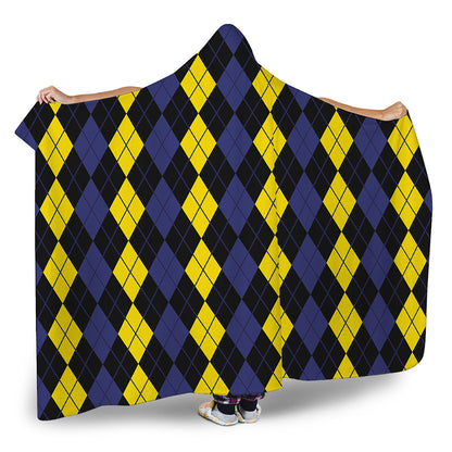 Yellow Black And Blue Argyle Print Hooded Blanket
