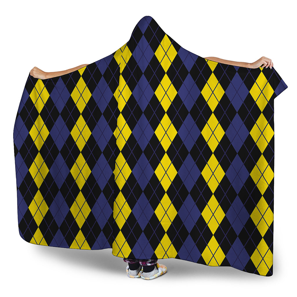 Yellow Black And Blue Argyle Print Hooded Blanket