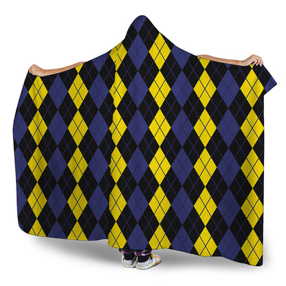 Yellow Black And Blue Argyle Print Hooded Blanket