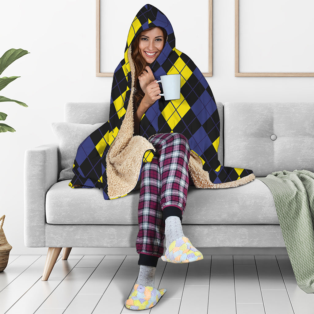 Yellow Black And Blue Argyle Print Hooded Blanket