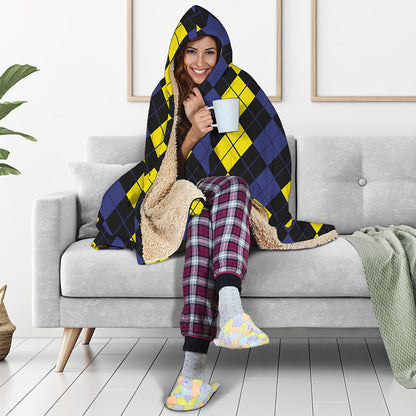 Yellow Black And Blue Argyle Print Hooded Blanket