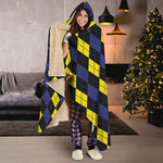 Yellow Black And Blue Argyle Print Hooded Blanket