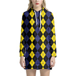 Yellow Black And Blue Argyle Print Hoodie Dress