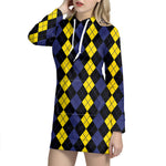 Yellow Black And Blue Argyle Print Hoodie Dress