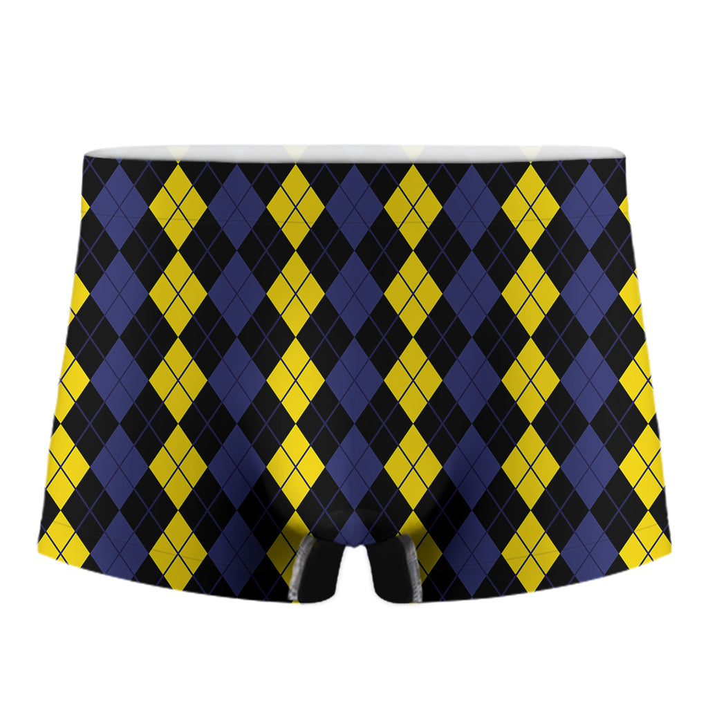 Yellow Black And Blue Argyle Print Men's Boxer Briefs