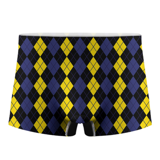 Yellow Black And Blue Argyle Print Men's Boxer Briefs