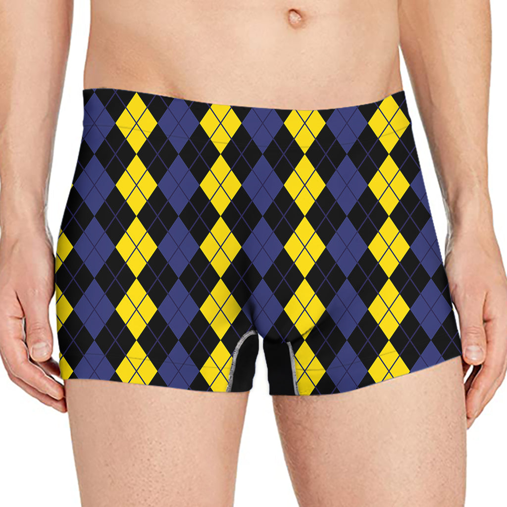 Yellow Black And Blue Argyle Print Men's Boxer Briefs