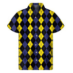Yellow Black And Blue Argyle Print Men's Short Sleeve Shirt