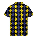 Yellow Black And Blue Argyle Print Men's Short Sleeve Shirt