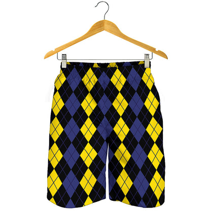 Yellow Black And Blue Argyle Print Men's Shorts