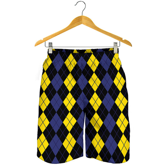 Yellow Black And Blue Argyle Print Men's Shorts