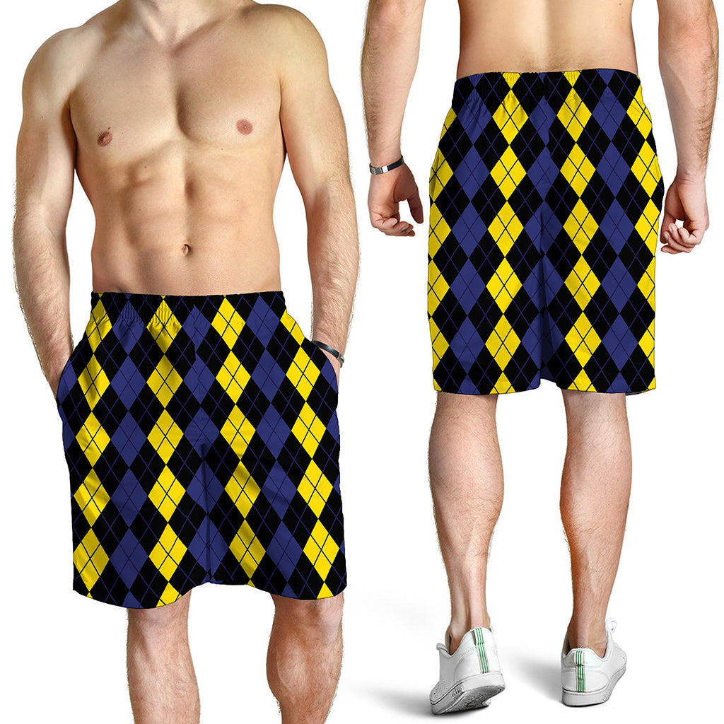 Yellow Black And Blue Argyle Print Men's Shorts