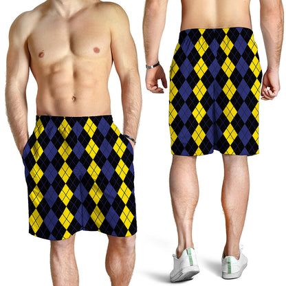 Yellow Black And Blue Argyle Print Men's Shorts
