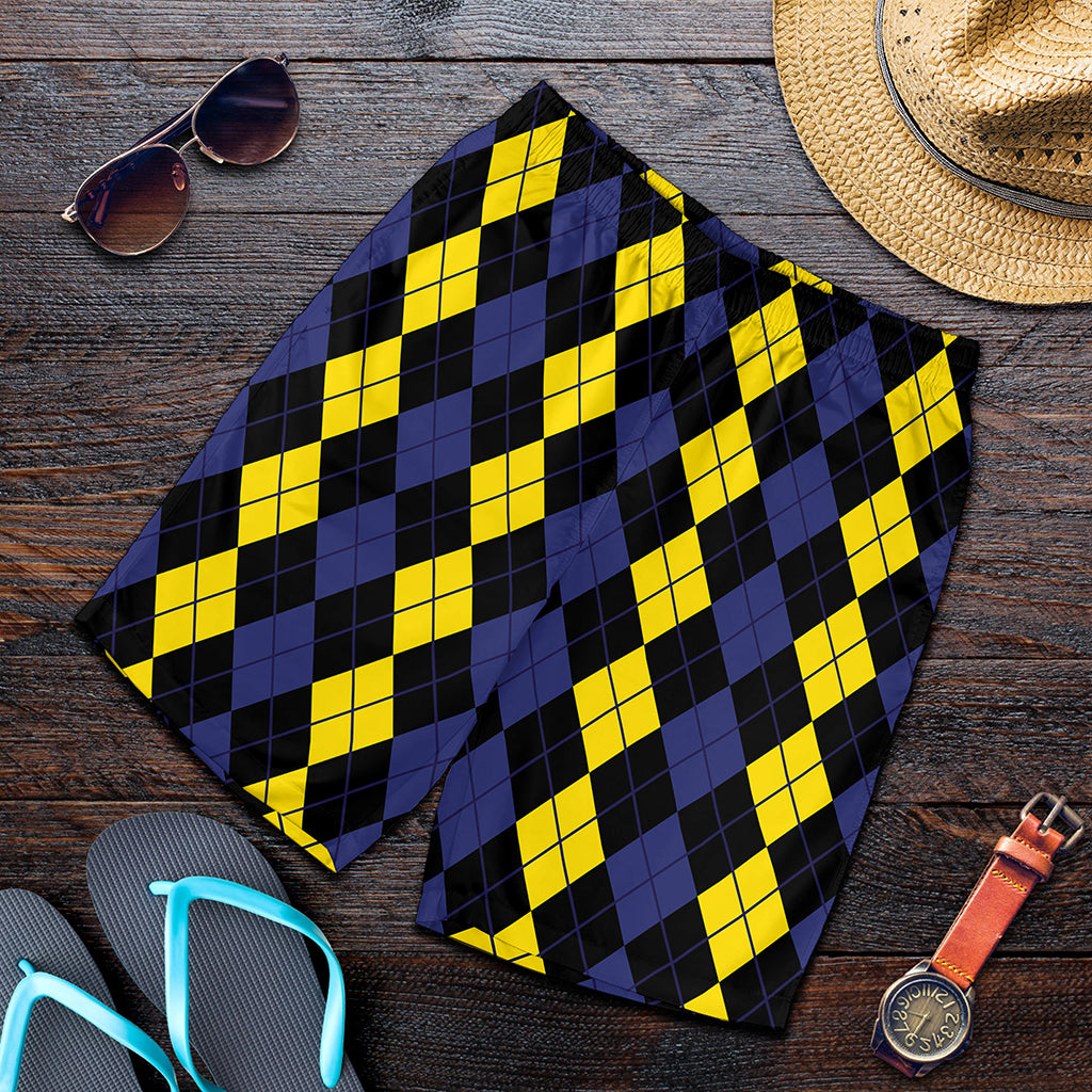 Yellow Black And Blue Argyle Print Men's Shorts