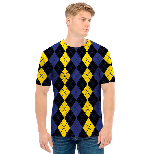 Yellow Black And Blue Argyle Print Men's T-Shirt
