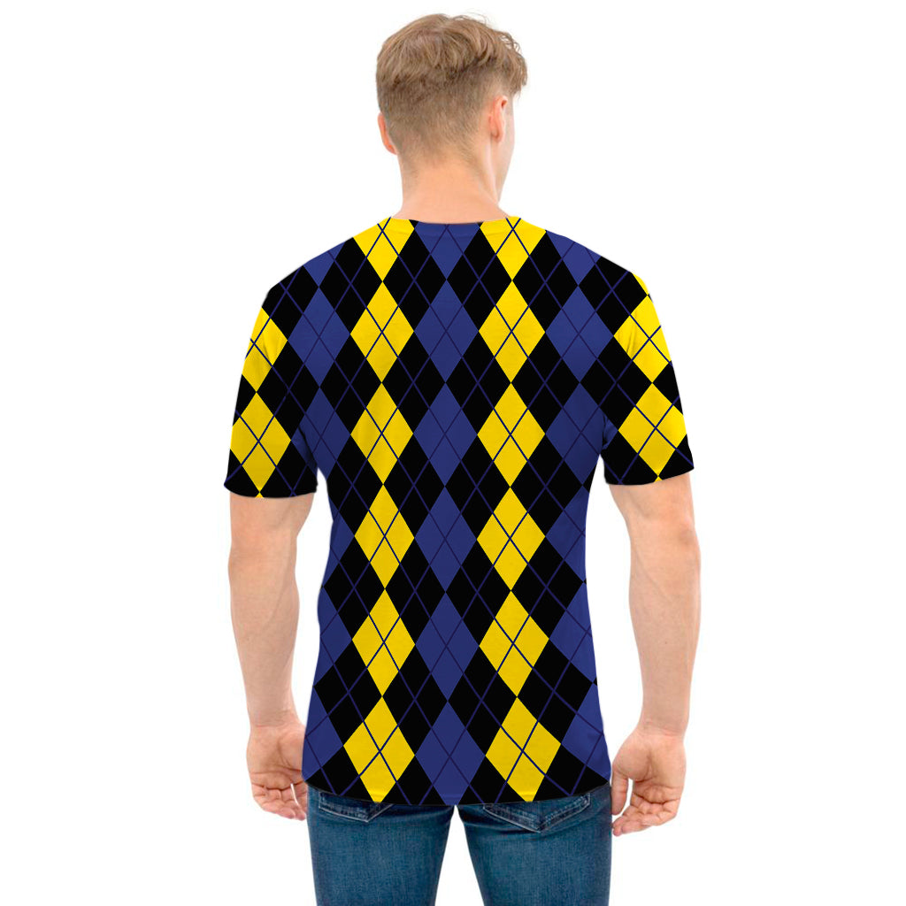 Yellow Black And Blue Argyle Print Men's T-Shirt