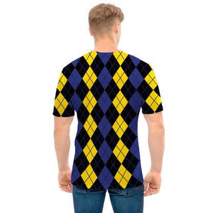 Yellow Black And Blue Argyle Print Men's T-Shirt