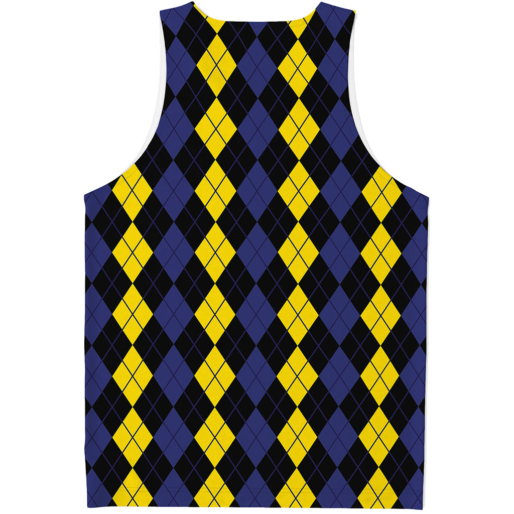 Yellow Black And Blue Argyle Print Men's Tank Top