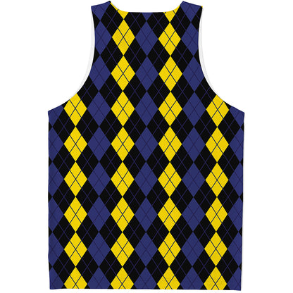 Yellow Black And Blue Argyle Print Men's Tank Top