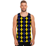 Yellow Black And Blue Argyle Print Men's Tank Top