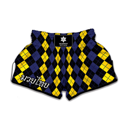 Yellow Black And Blue Argyle Print Muay Thai Boxing Shorts