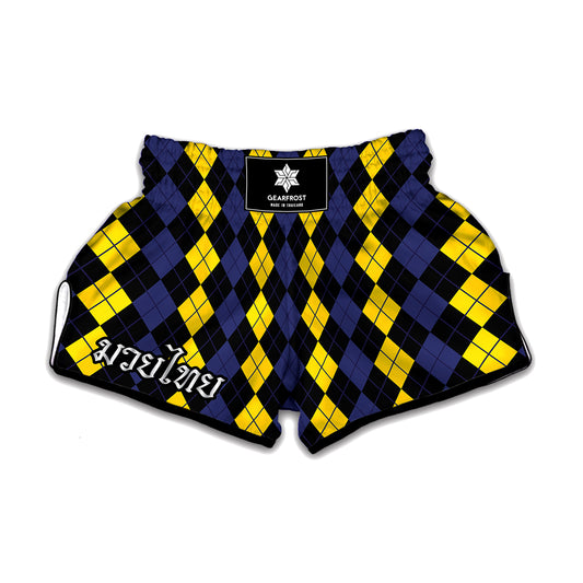 Yellow Black And Blue Argyle Print Muay Thai Boxing Shorts