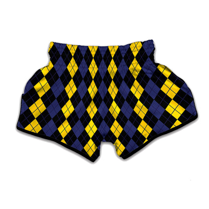Yellow Black And Blue Argyle Print Muay Thai Boxing Shorts