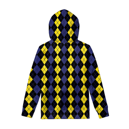 Yellow Black And Blue Argyle Print Pullover Hoodie