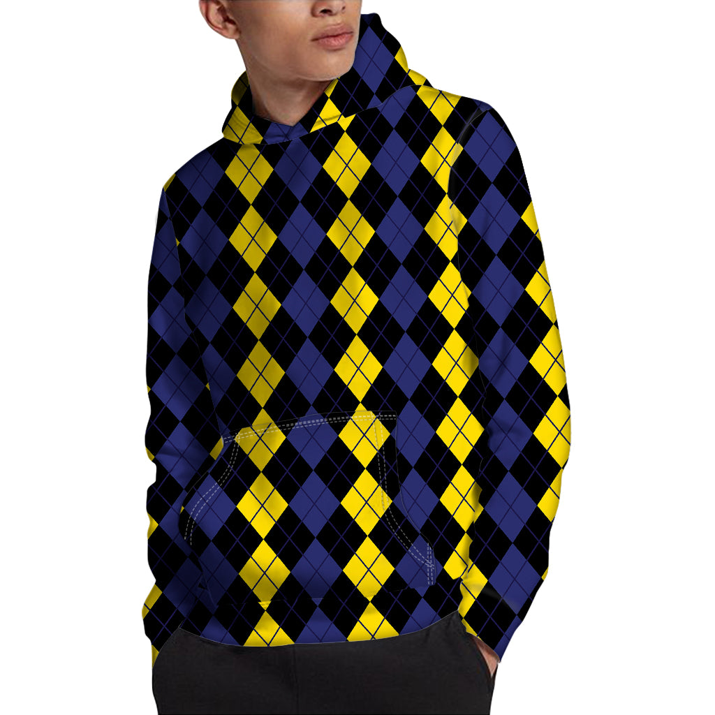 Yellow Black And Blue Argyle Print Pullover Hoodie