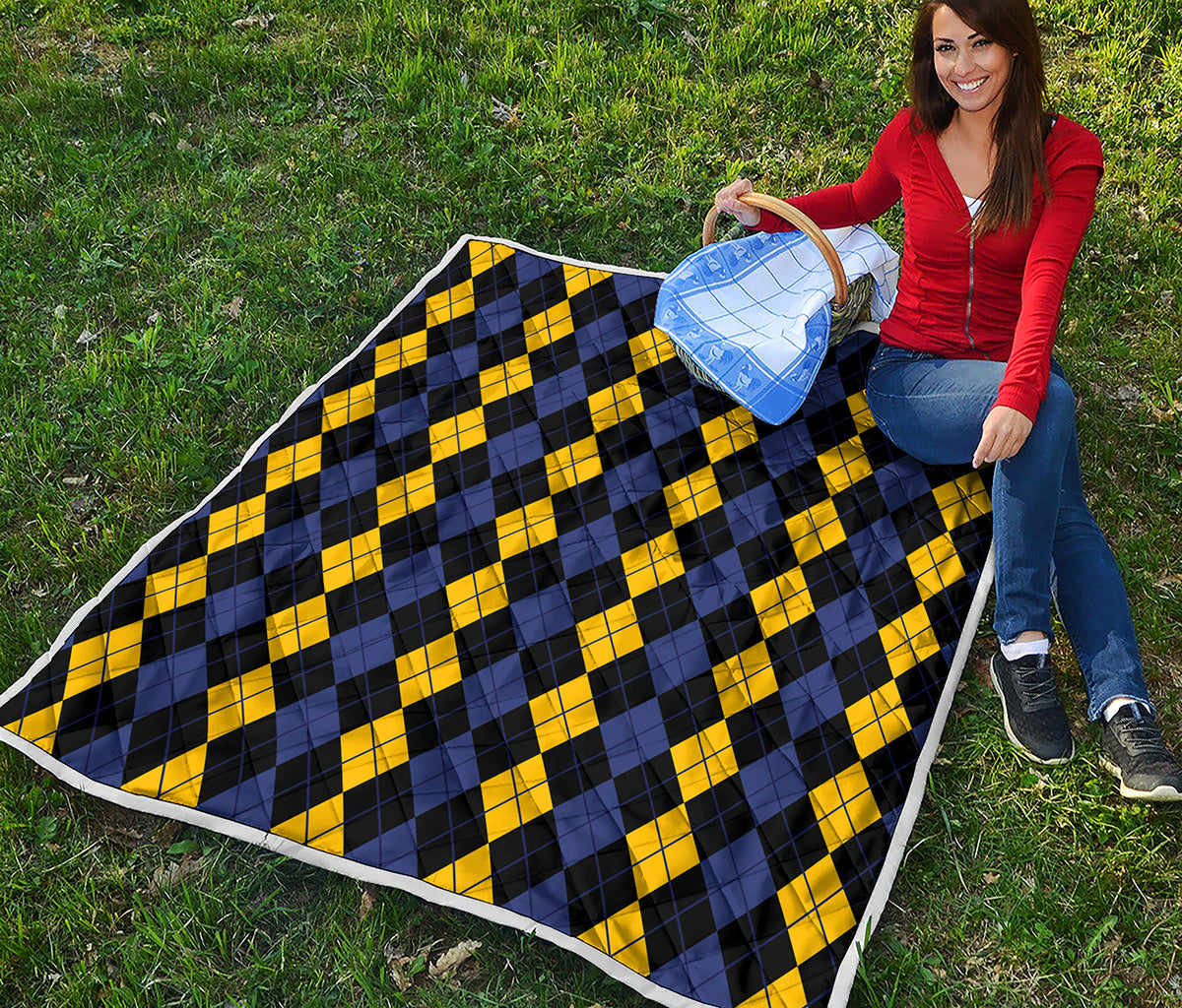 Yellow Black And Blue Argyle Print Quilt