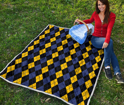 Yellow Black And Blue Argyle Print Quilt