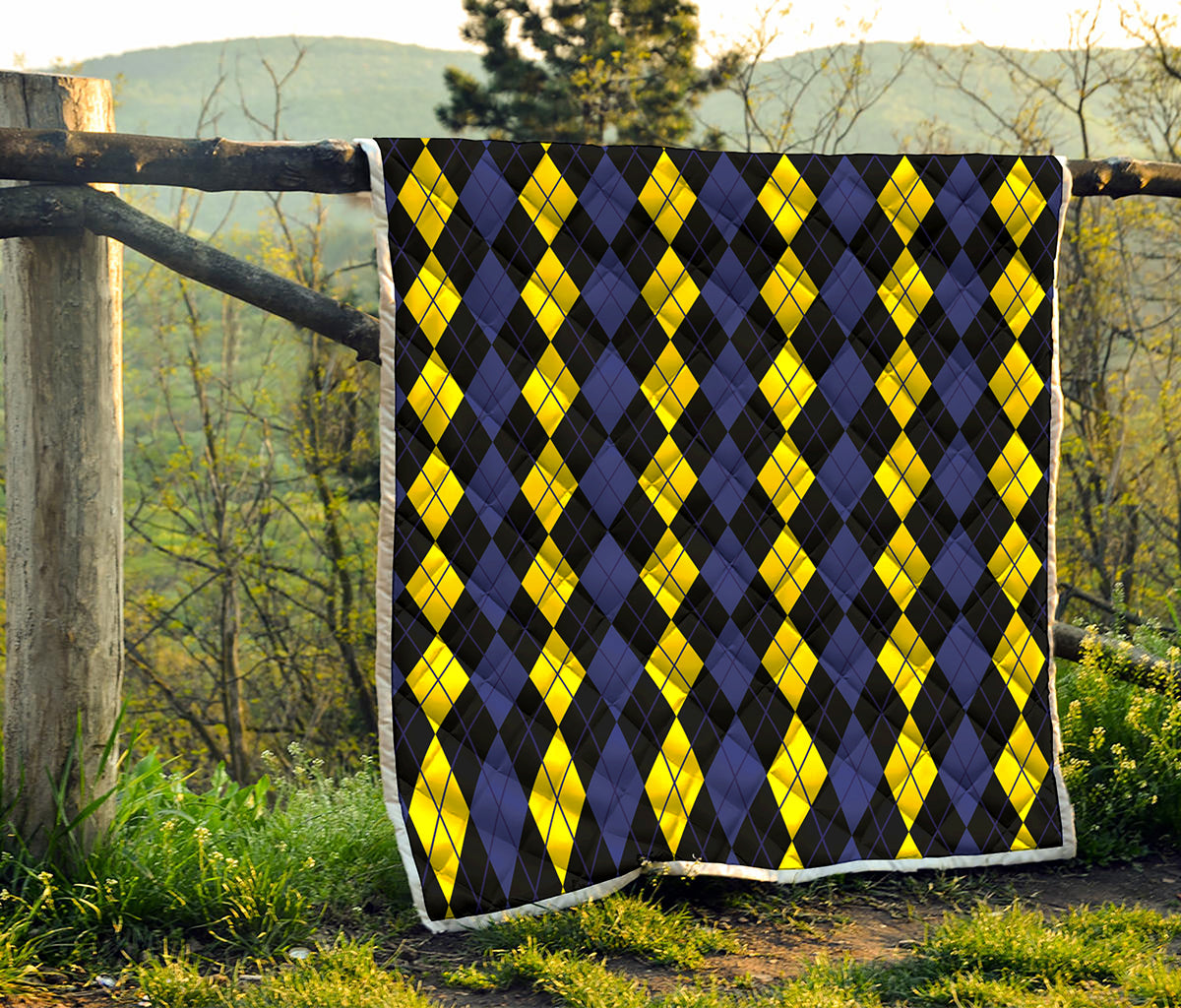 Yellow Black And Blue Argyle Print Quilt
