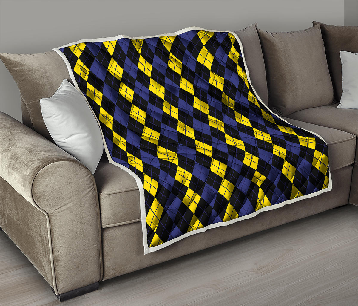 Yellow Black And Blue Argyle Print Quilt