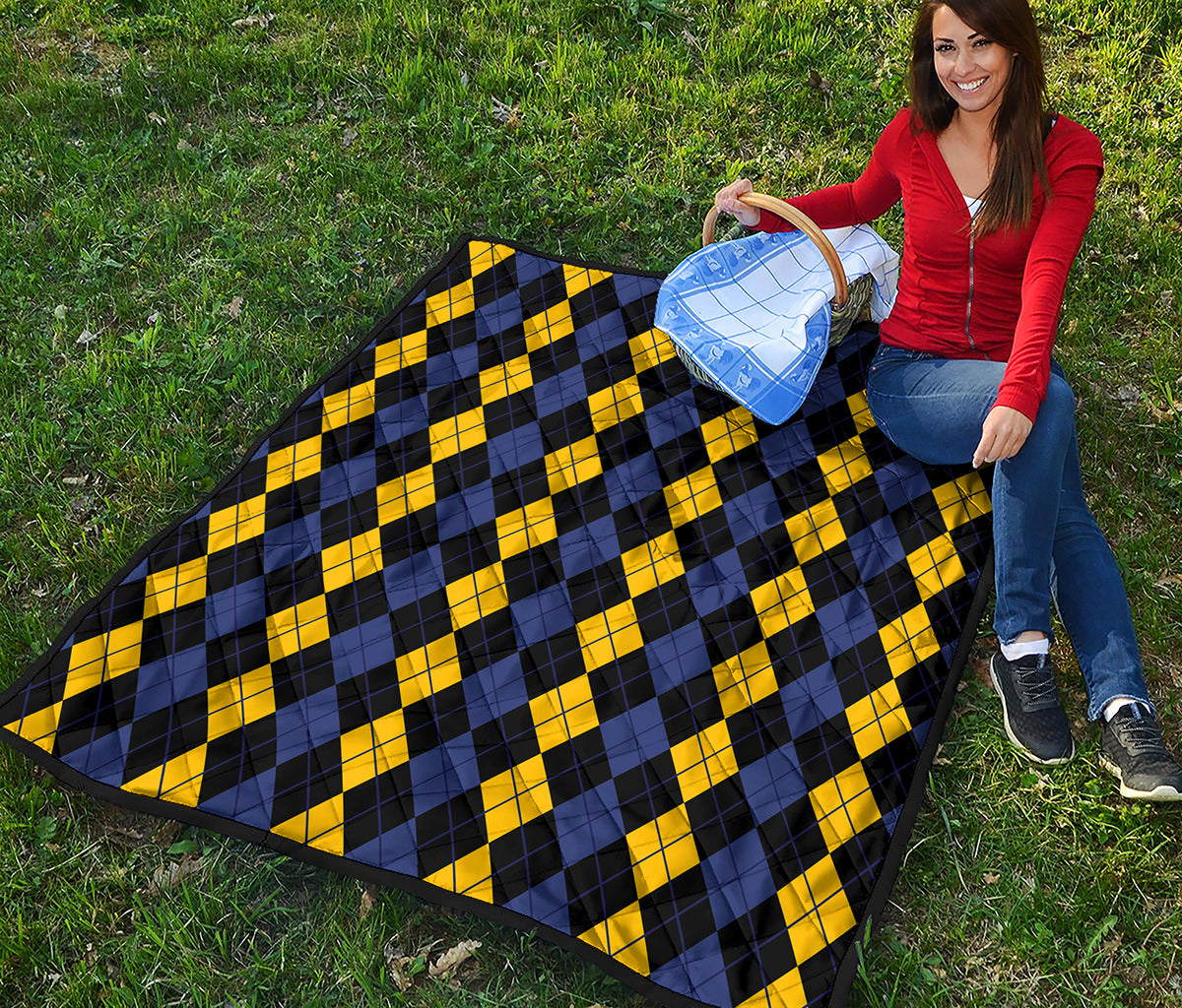 Yellow Black And Blue Argyle Print Quilt