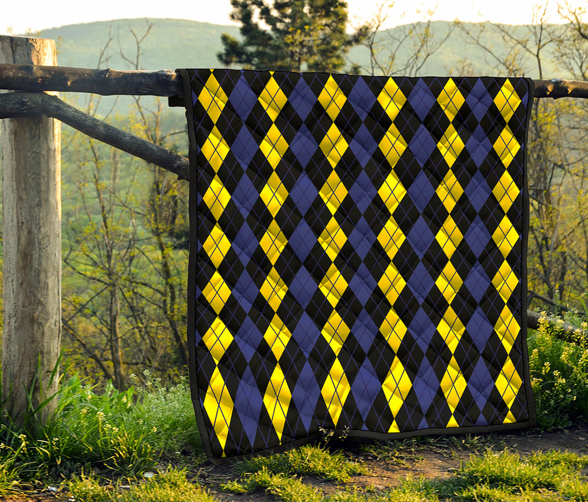 Yellow Black And Blue Argyle Print Quilt