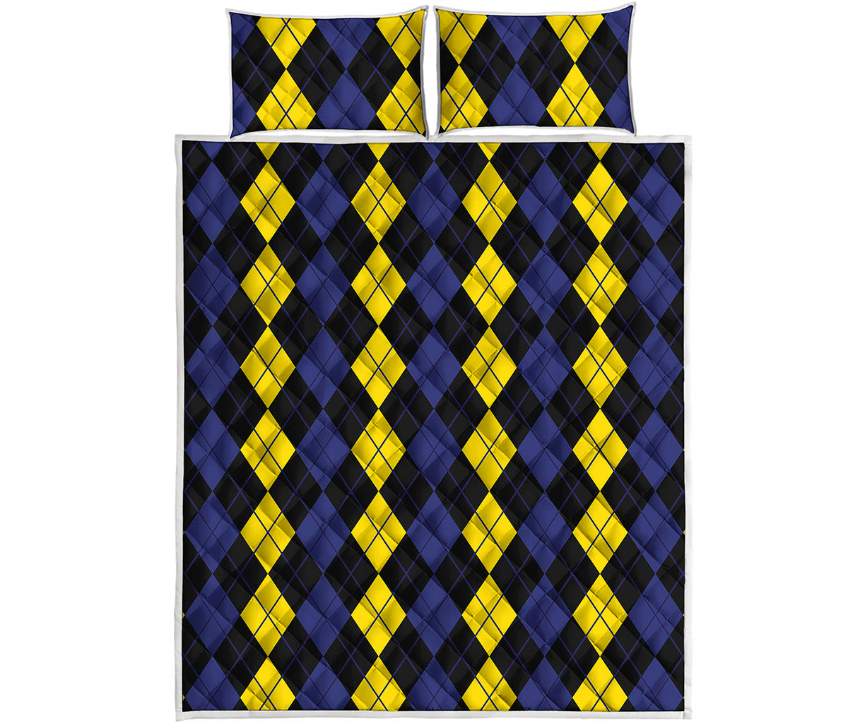 Yellow Black And Blue Argyle Print Quilt Bed Set