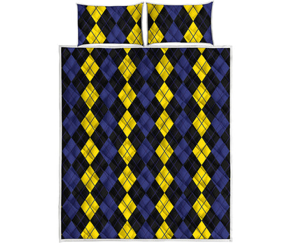 Yellow Black And Blue Argyle Print Quilt Bed Set