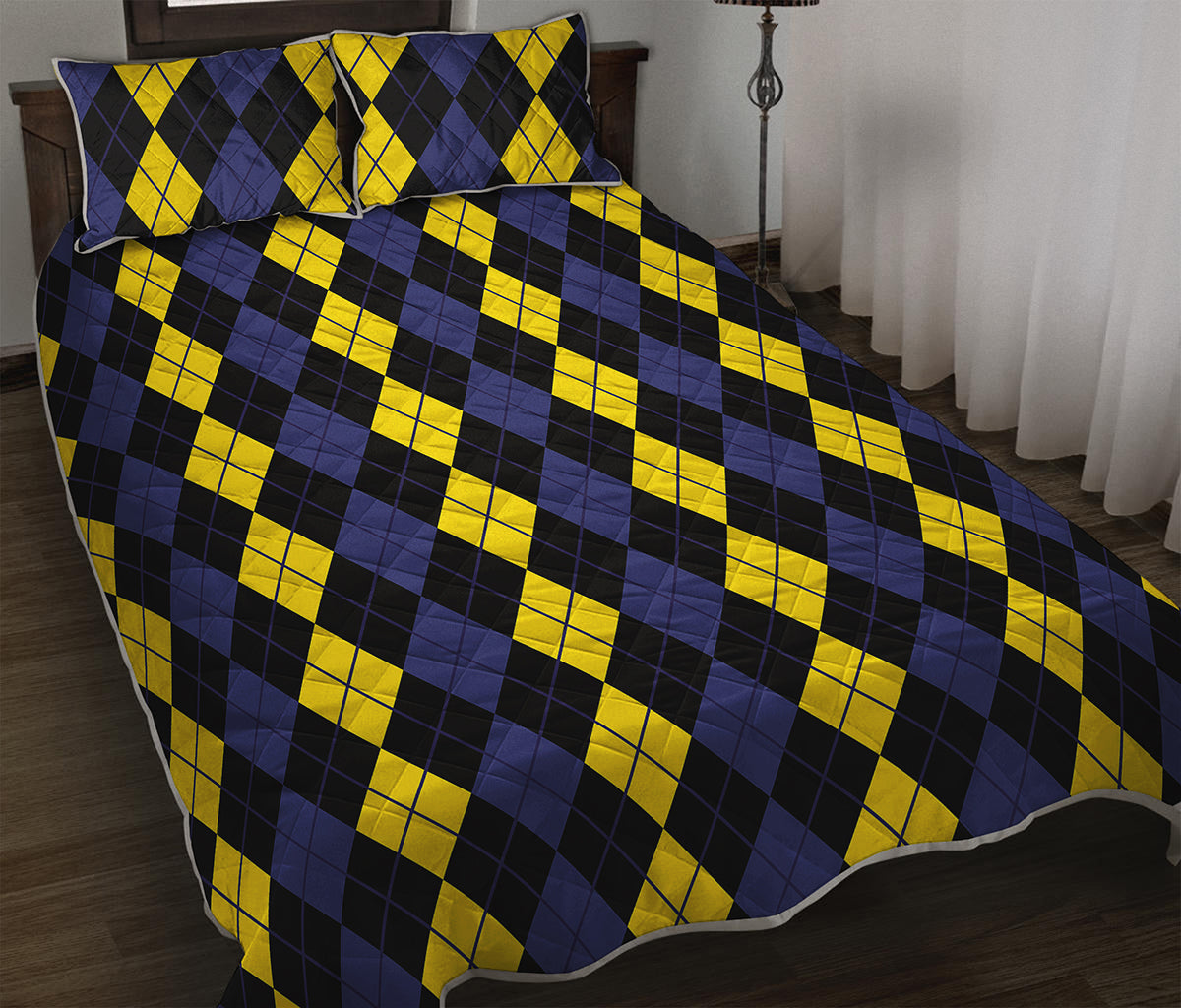 Yellow Black And Blue Argyle Print Quilt Bed Set