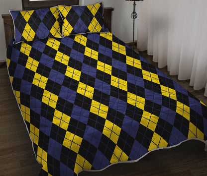 Yellow Black And Blue Argyle Print Quilt Bed Set