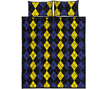 Yellow Black And Blue Argyle Print Quilt Bed Set