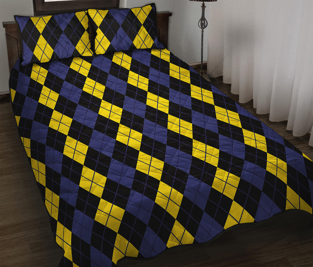 Yellow Black And Blue Argyle Print Quilt Bed Set
