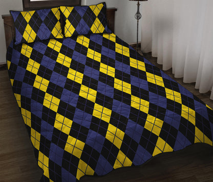 Yellow Black And Blue Argyle Print Quilt Bed Set