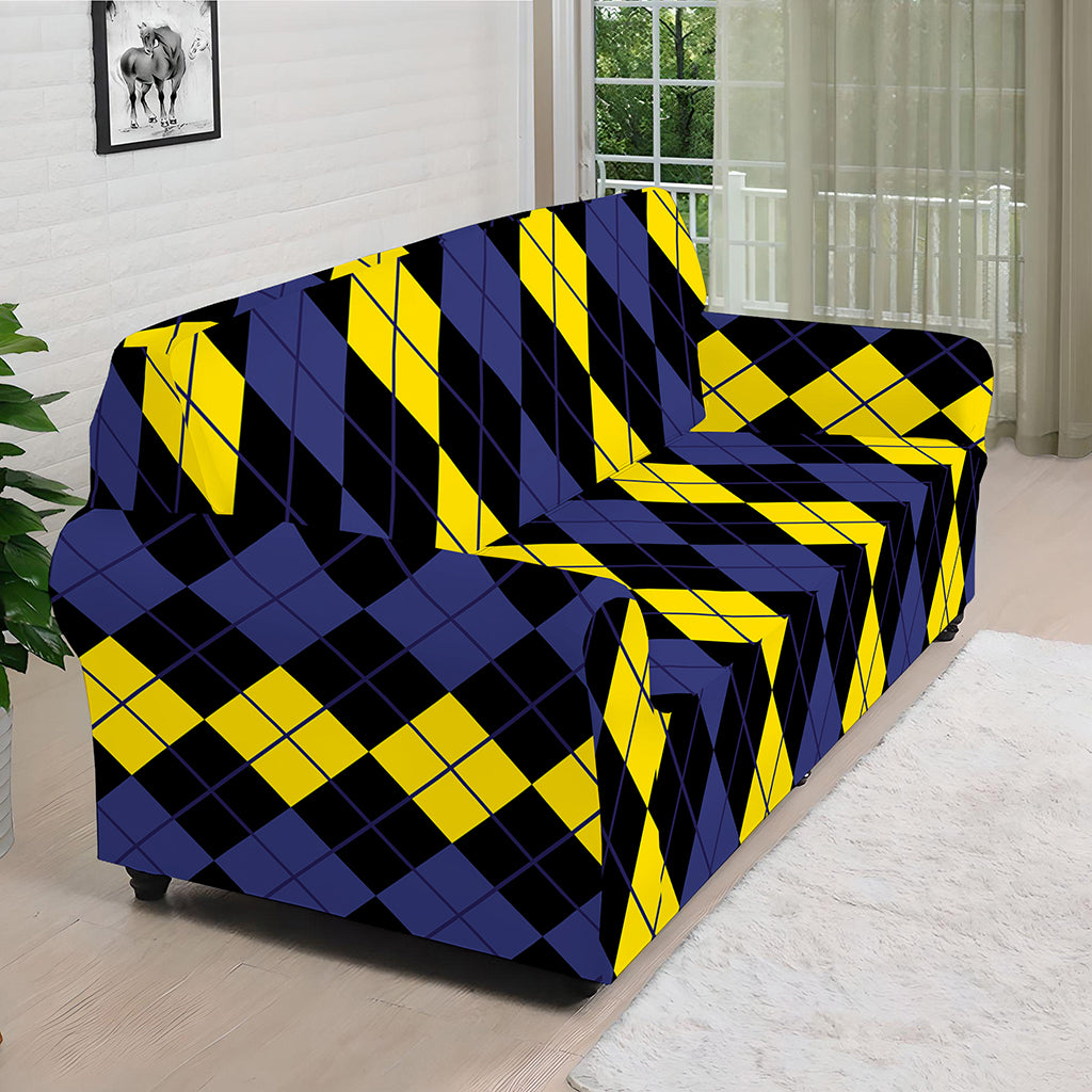 Yellow Black And Blue Argyle Print Sofa Cover