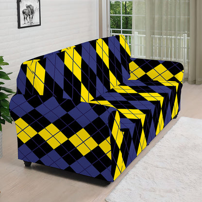 Yellow Black And Blue Argyle Print Sofa Cover