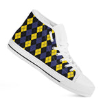 Yellow Black And Blue Argyle Print White High Top Shoes