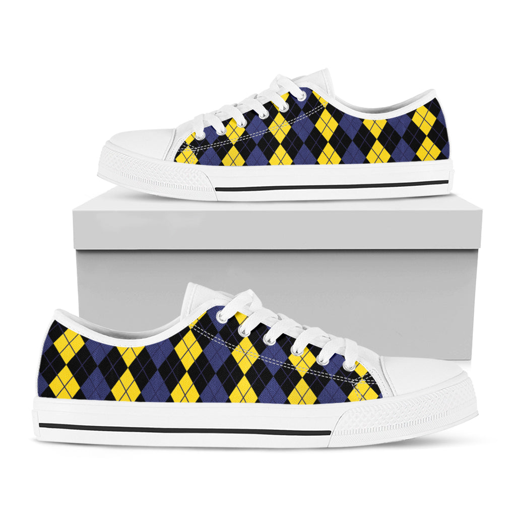 Yellow Black And Blue Argyle Print White Low Top Shoes