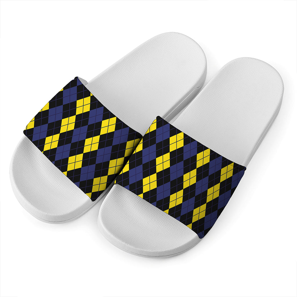 Yellow Black And Blue Argyle Print White Slide Sandals