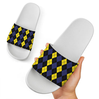 Yellow Black And Blue Argyle Print White Slide Sandals
