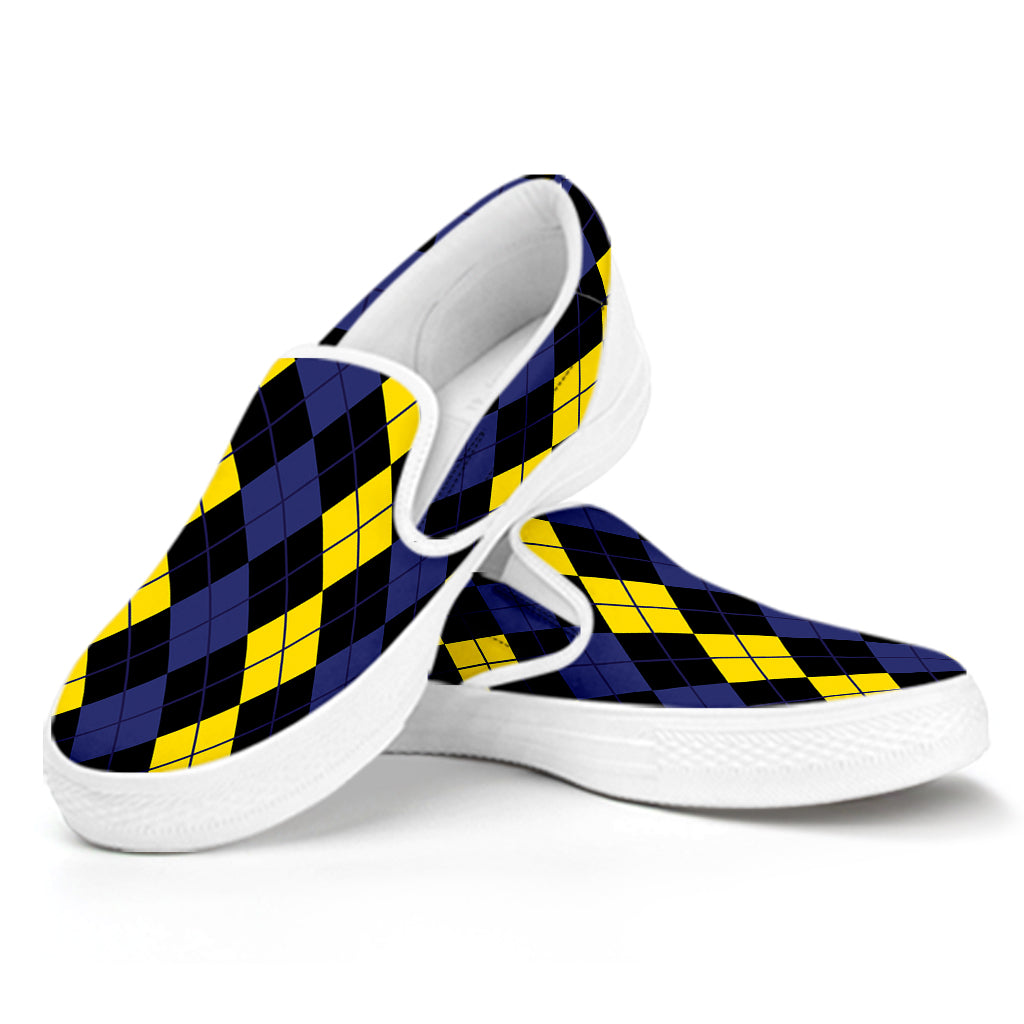 Yellow Black And Blue Argyle Print White Slip On Shoes
