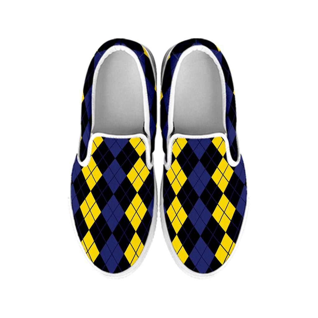 Yellow Black And Blue Argyle Print White Slip On Shoes